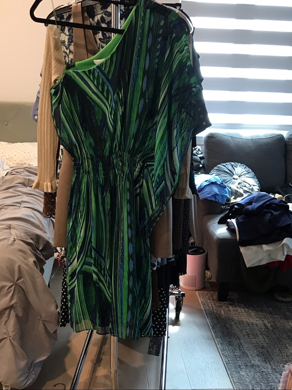 London Times Green and Blue One-Shoulder Dress with Waist Detail